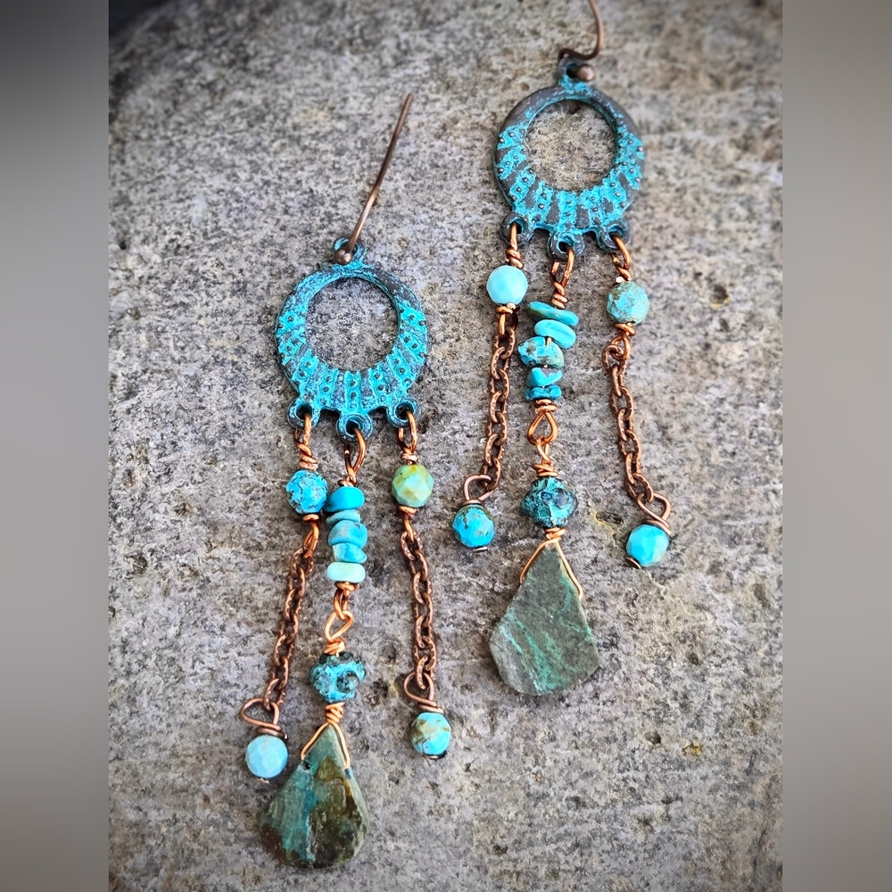 Genuine Turquoise In Green-Blue Patina Verdigris Chandelier Earrings In Copper